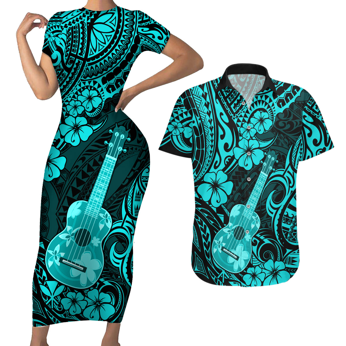 Hawaii Ukulele Couples Matching Short Sleeve Bodycon Dress and Hawaiian Shirt Polynesian Pattern Turquoise Version - Wonder Print Shop