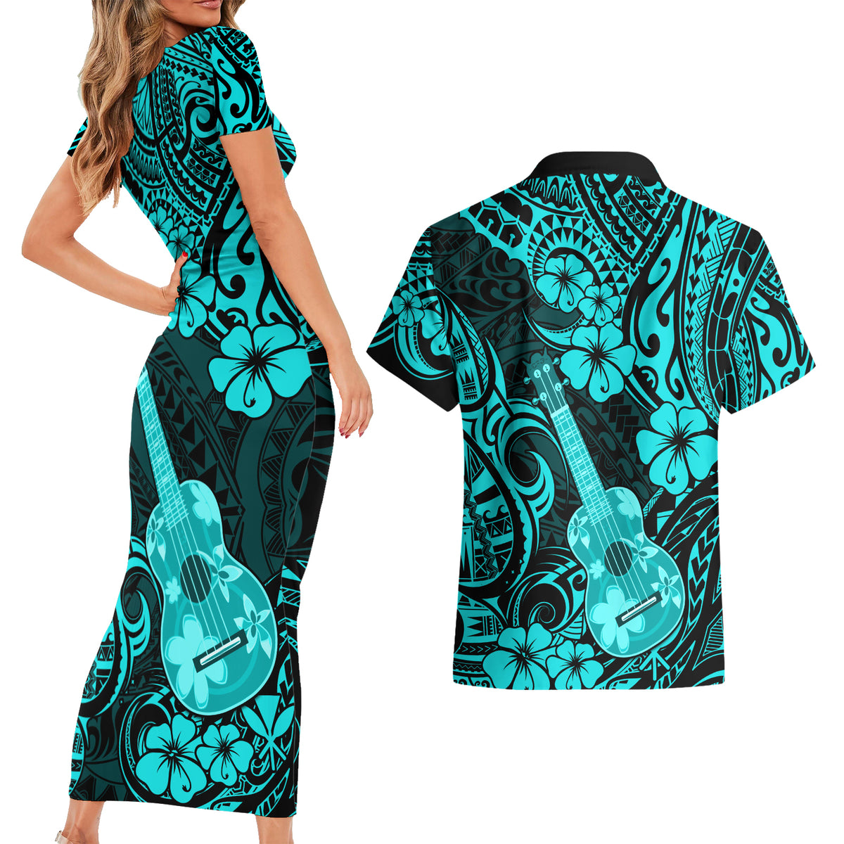 Hawaii Ukulele Couples Matching Short Sleeve Bodycon Dress and Hawaiian Shirt Polynesian Pattern Turquoise Version - Wonder Print Shop