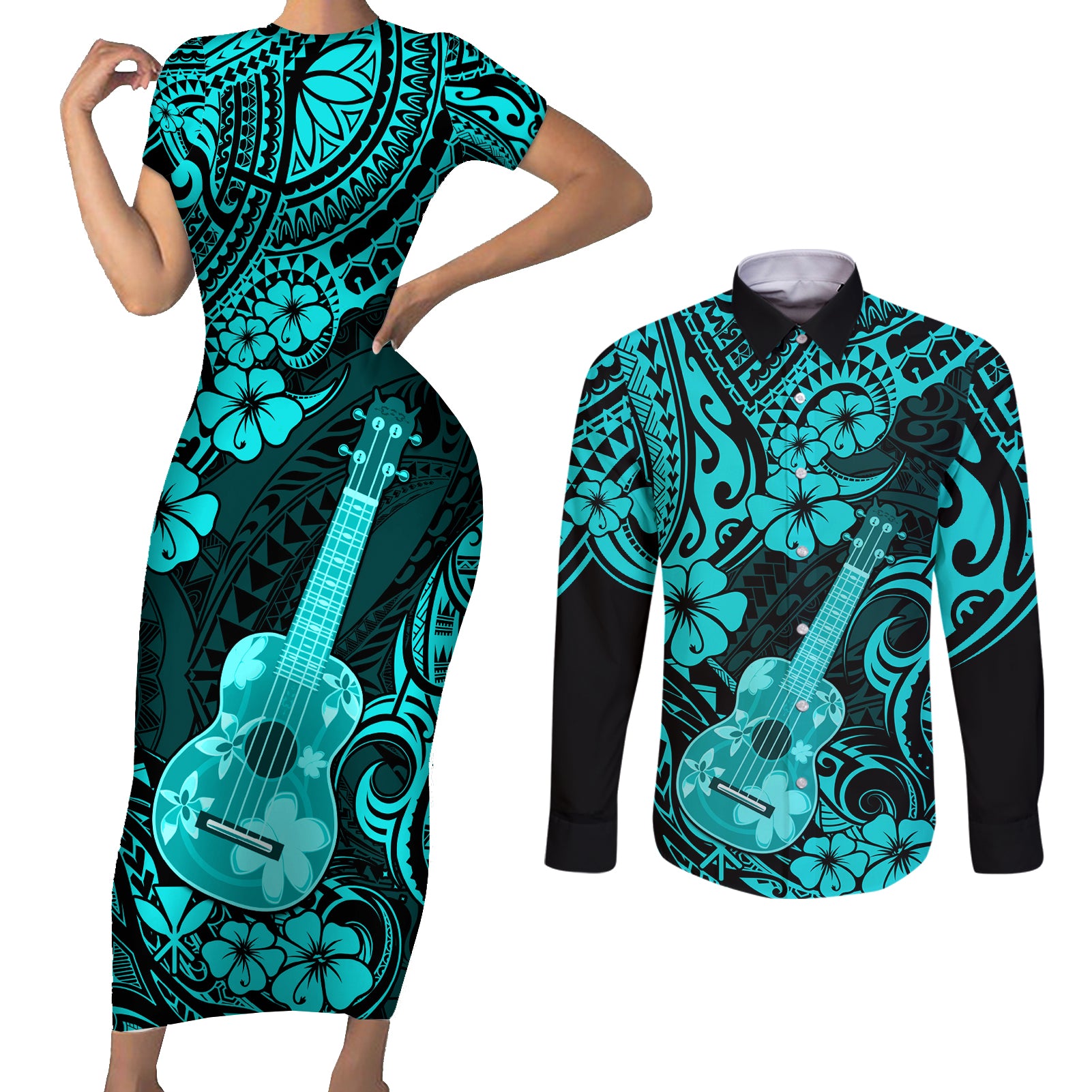 Hawaii Ukulele Couples Matching Short Sleeve Bodycon Dress and Long Sleeve Button Shirts Polynesian Pattern Turquoise Version - Wonder Print Shop