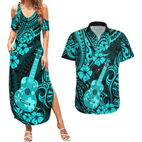 Hawaii Ukulele Couples Matching Summer Maxi Dress and Hawaiian Shirt Polynesian Pattern Turquoise Version - Wonder Print Shop