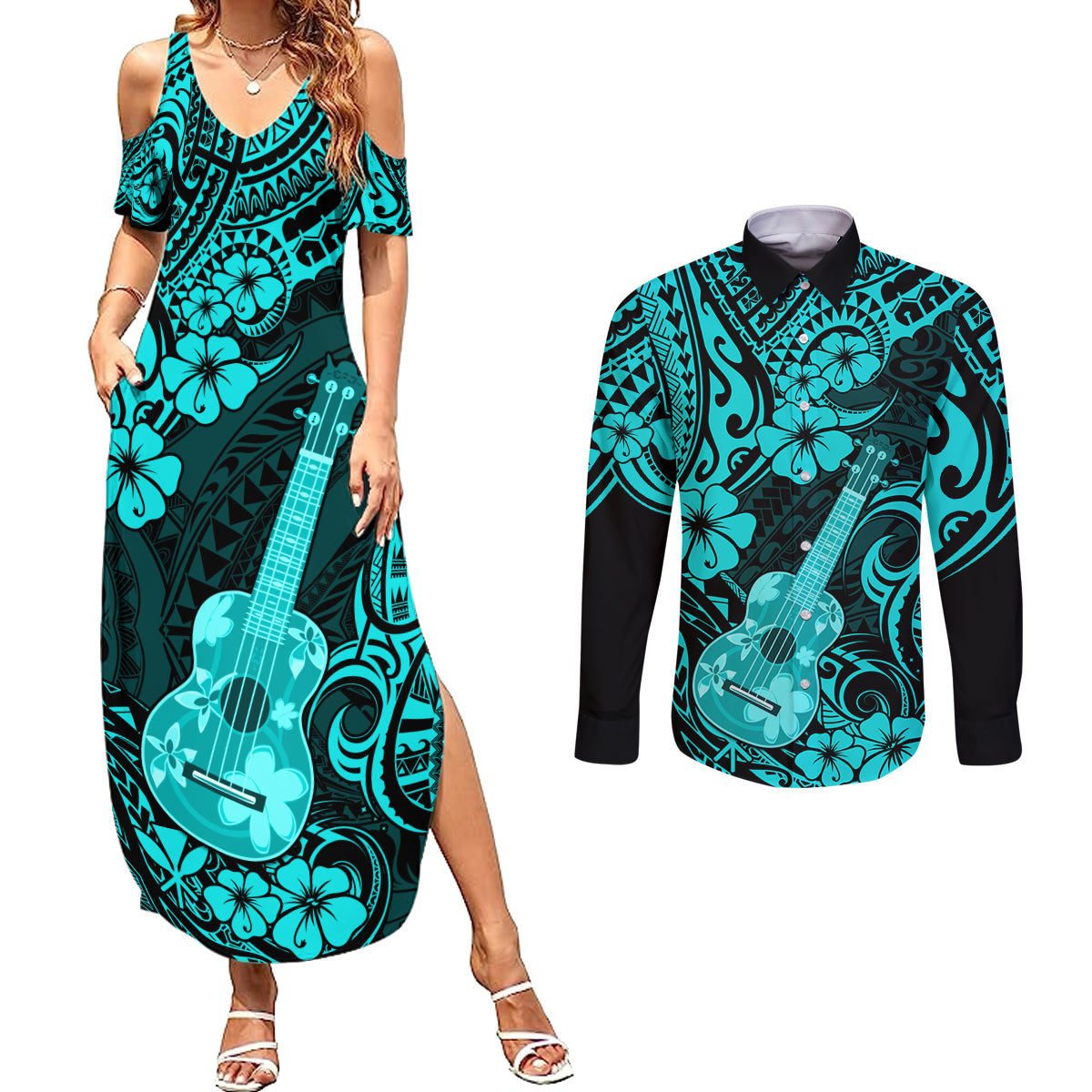 Hawaii Ukulele Couples Matching Summer Maxi Dress and Long Sleeve Button Shirts Polynesian Pattern Turquoise Version - Wonder Print Shop
