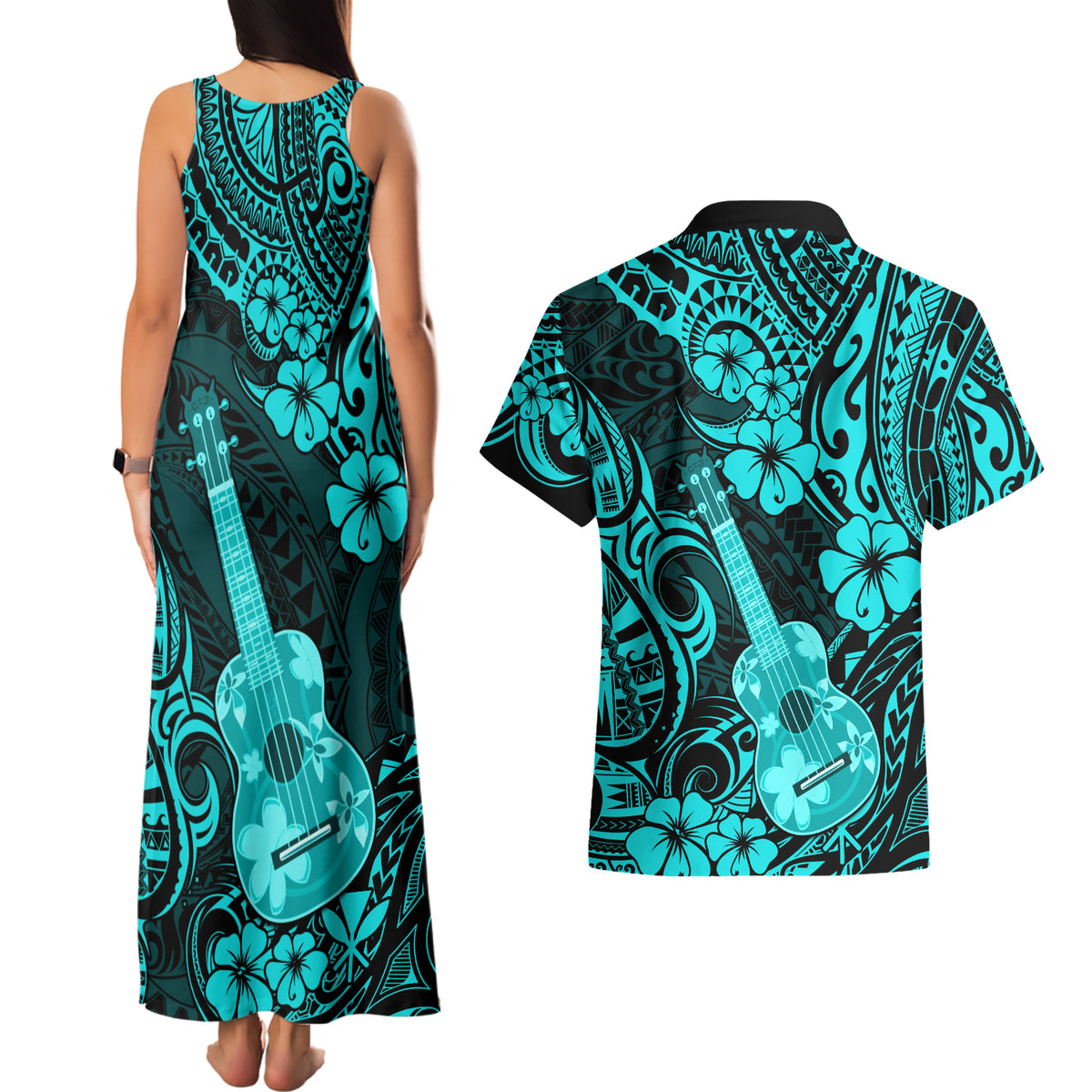 Hawaii Ukulele Couples Matching Tank Maxi Dress and Hawaiian Shirt Polynesian Pattern Turquoise Version - Wonder Print Shop