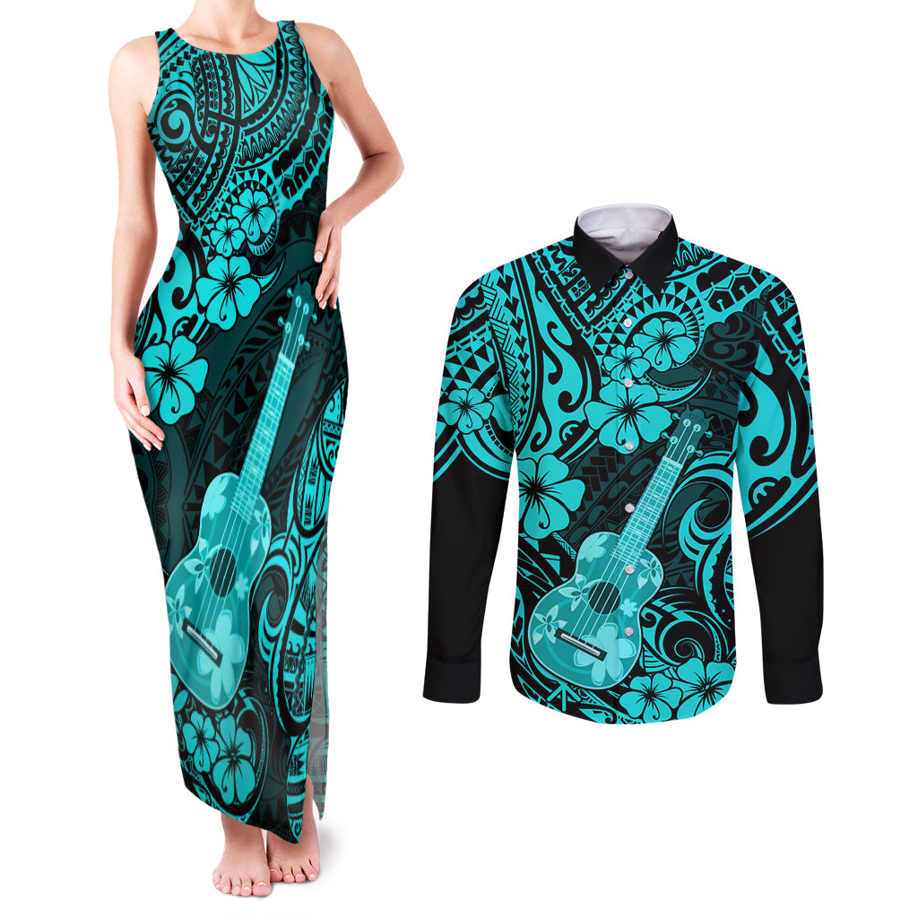 Hawaii Ukulele Couples Matching Tank Maxi Dress and Long Sleeve Button Shirts Polynesian Pattern Turquoise Version - Wonder Print Shop