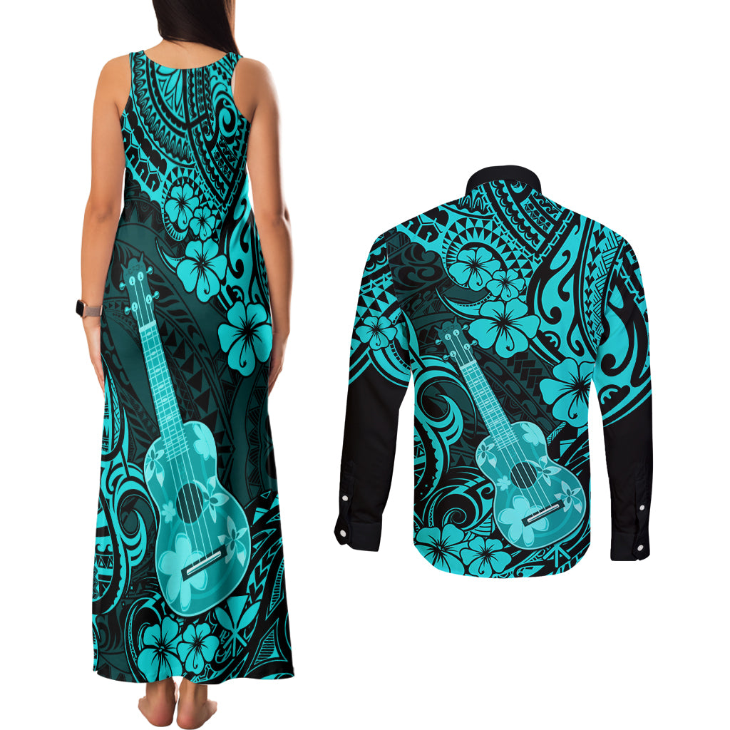 Hawaii Ukulele Couples Matching Tank Maxi Dress and Long Sleeve Button Shirts Polynesian Pattern Turquoise Version - Wonder Print Shop