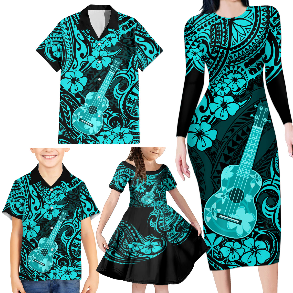 Hawaii Ukulele Family Matching Long Sleeve Bodycon Dress and Hawaiian Shirt Polynesian Pattern Turquoise Version - Wonder Print Shop
