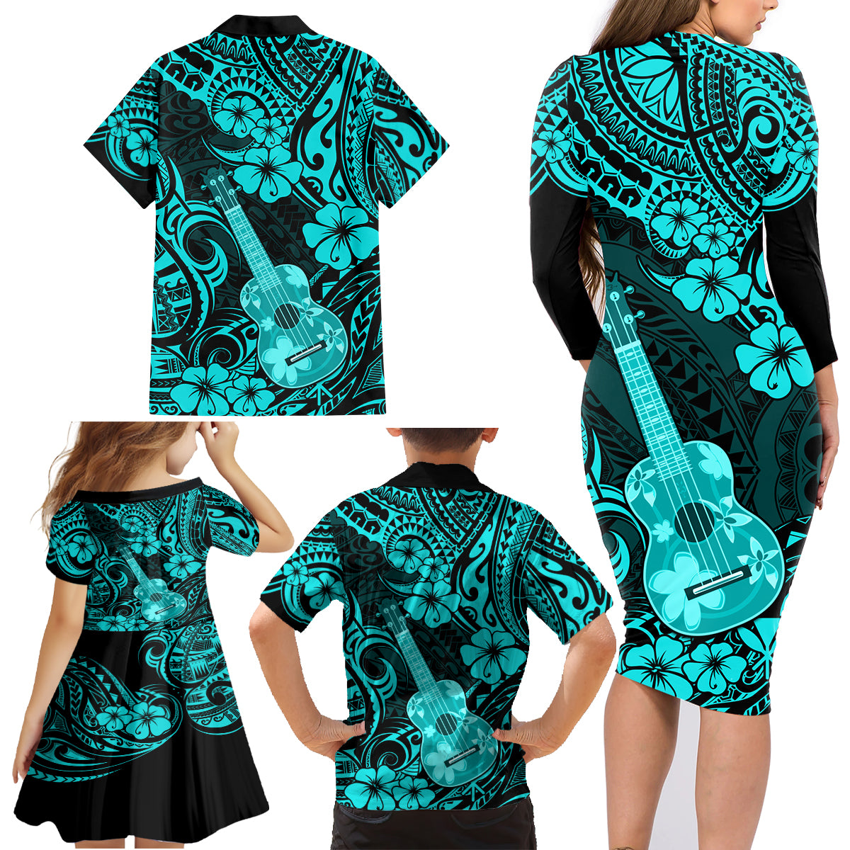 Hawaii Ukulele Family Matching Long Sleeve Bodycon Dress and Hawaiian Shirt Polynesian Pattern Turquoise Version - Wonder Print Shop