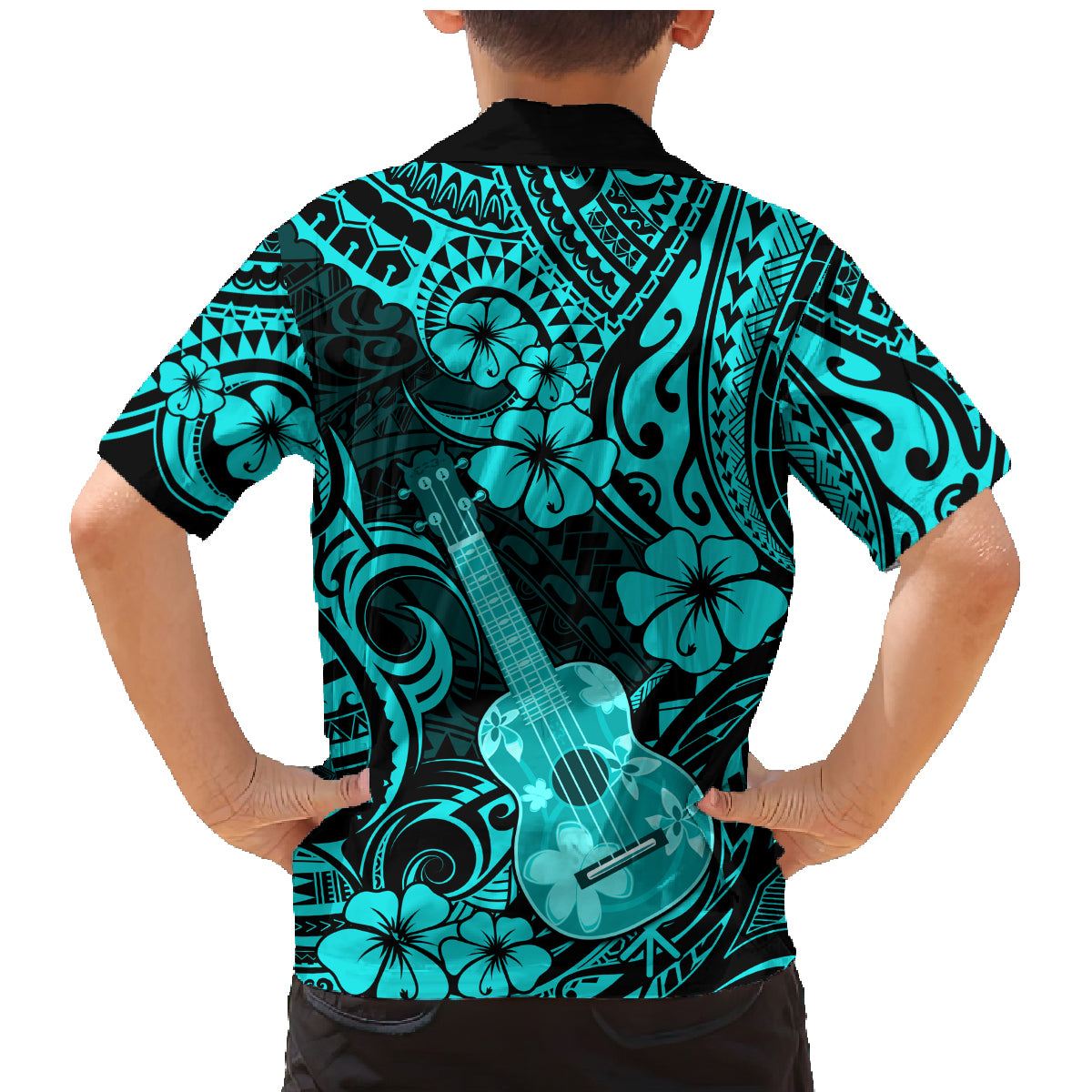 Hawaii Ukulele Family Matching Mermaid Dress and Hawaiian Shirt Polynesian Pattern Turquoise Version - Wonder Print Shop