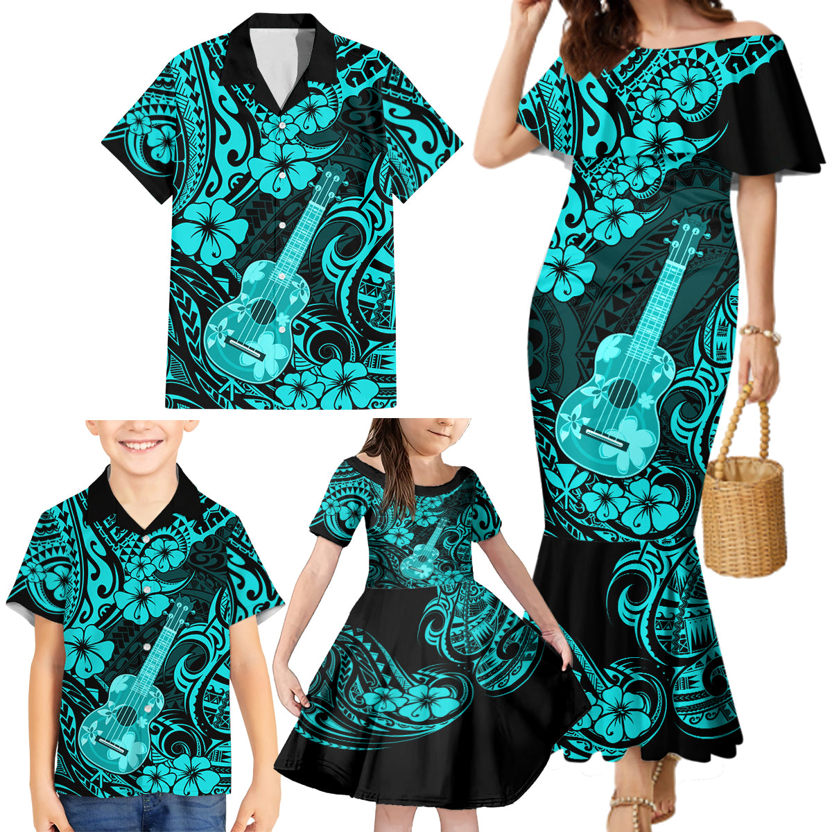 Hawaii Ukulele Family Matching Mermaid Dress and Hawaiian Shirt Polynesian Pattern Turquoise Version - Wonder Print Shop