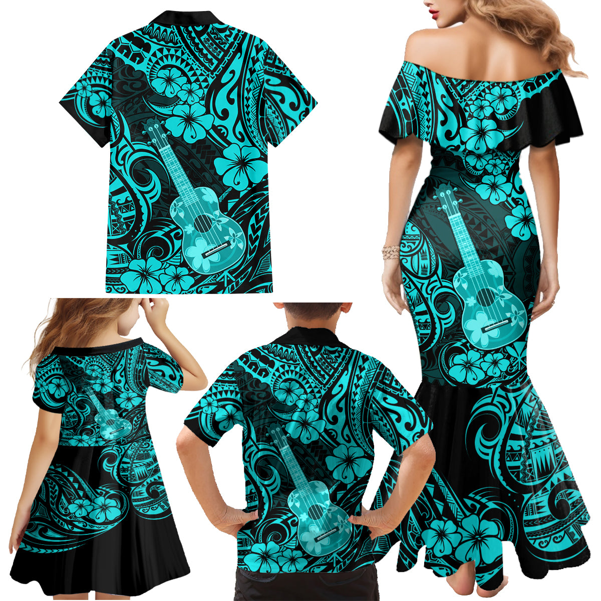 Hawaii Ukulele Family Matching Mermaid Dress and Hawaiian Shirt Polynesian Pattern Turquoise Version - Wonder Print Shop