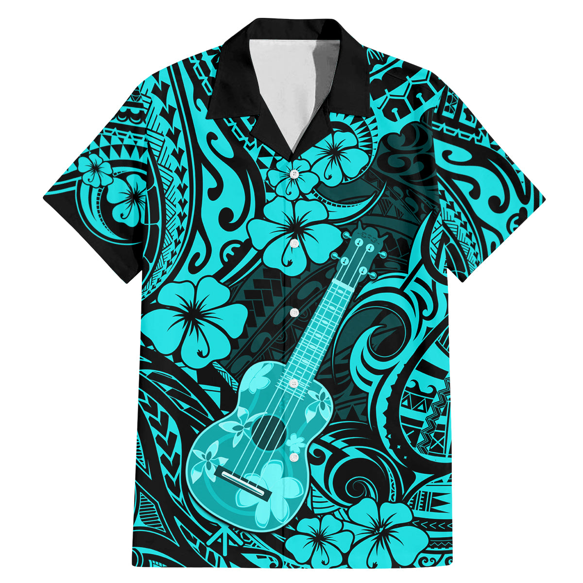 Hawaii Ukulele Family Matching Mermaid Dress and Hawaiian Shirt Polynesian Pattern Turquoise Version - Wonder Print Shop