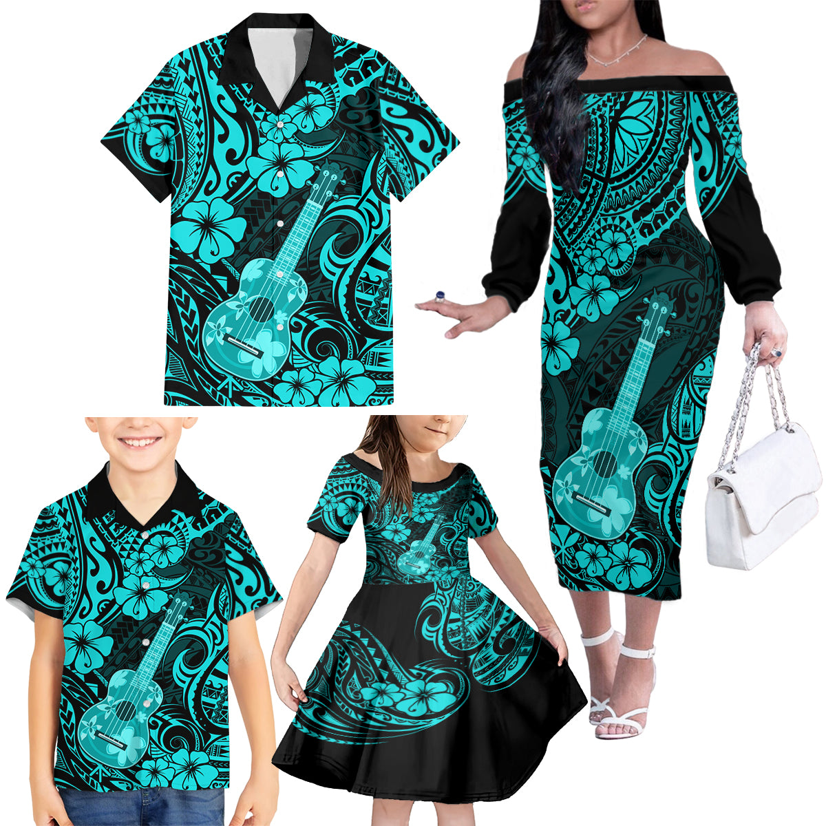 Hawaii Ukulele Family Matching Off Shoulder Long Sleeve Dress and Hawaiian Shirt Polynesian Pattern Turquoise Version - Wonder Print Shop