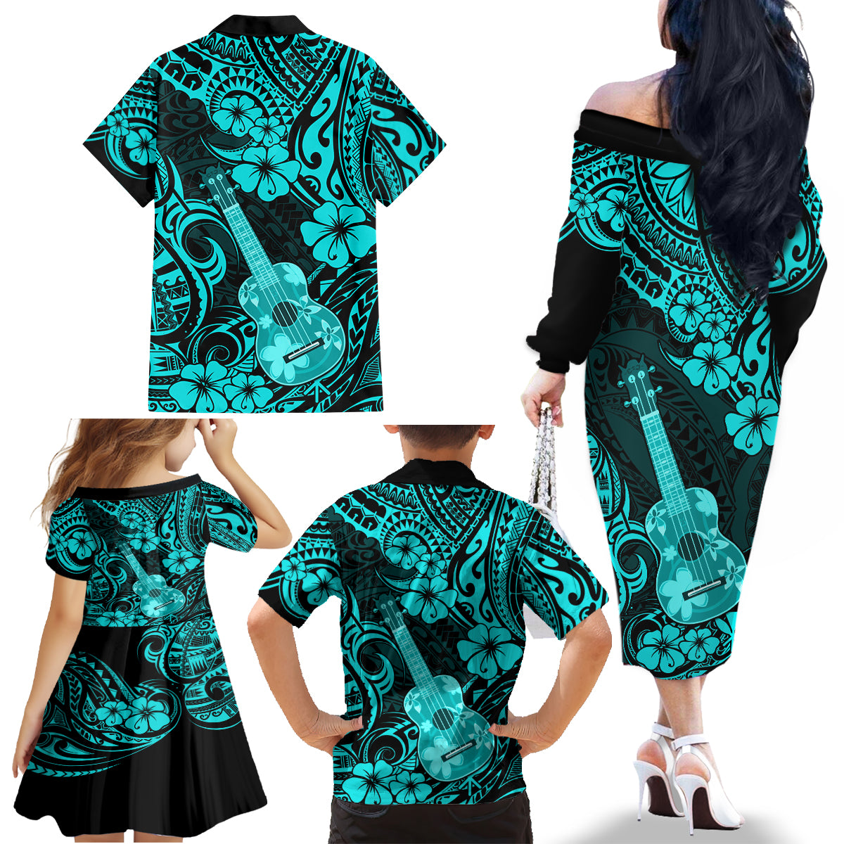 Hawaii Ukulele Family Matching Off Shoulder Long Sleeve Dress and Hawaiian Shirt Polynesian Pattern Turquoise Version - Wonder Print Shop