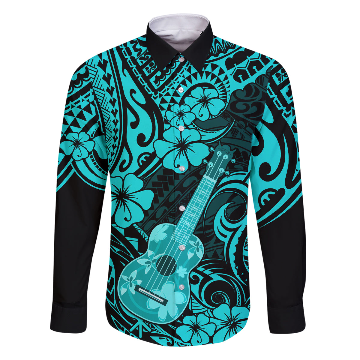 Hawaii Ukulele Family Matching Off Shoulder Long Sleeve Dress and Hawaiian Shirt Polynesian Pattern Turquoise Version - Wonder Print Shop