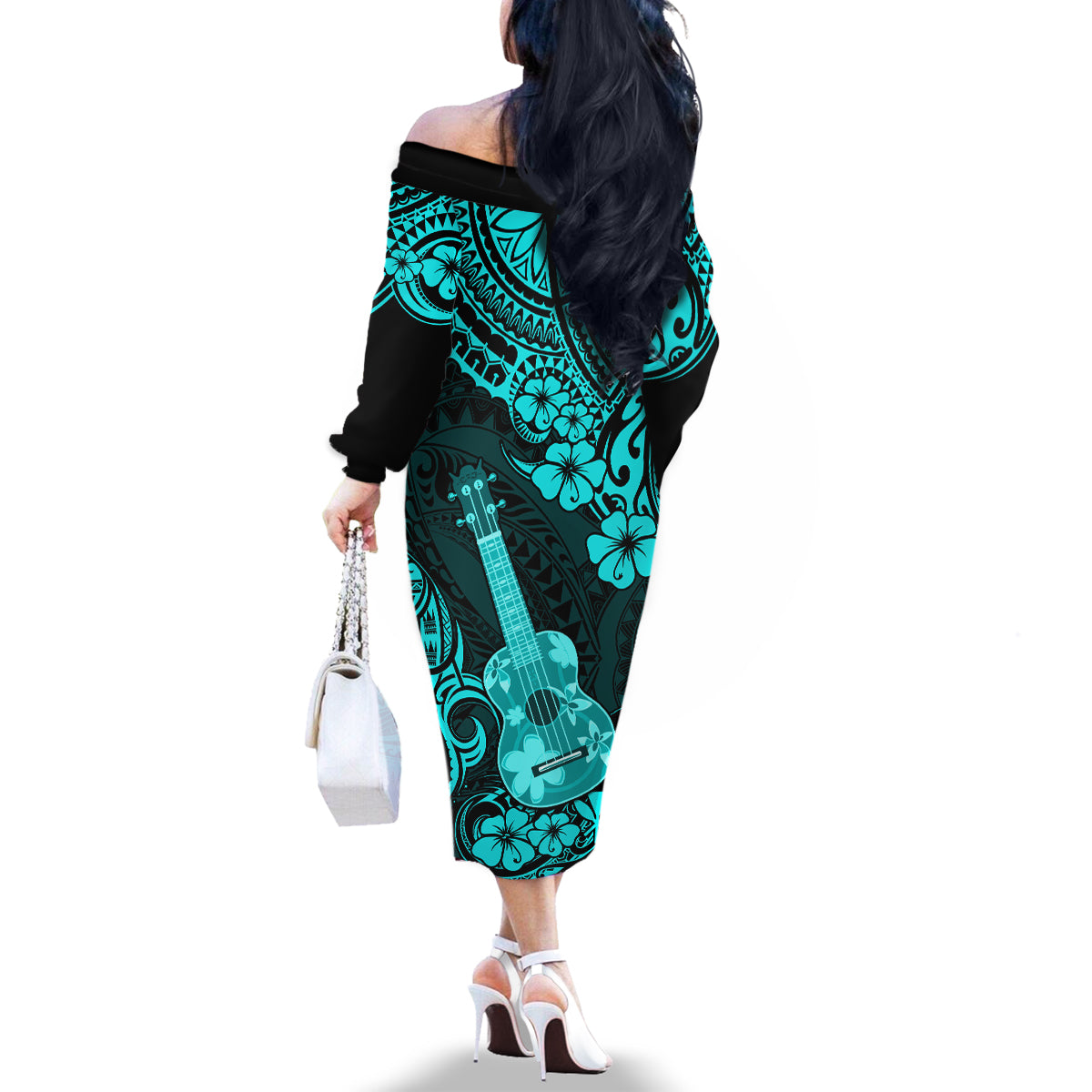 Hawaii Ukulele Family Matching Off Shoulder Long Sleeve Dress and Hawaiian Shirt Polynesian Pattern Turquoise Version - Wonder Print Shop
