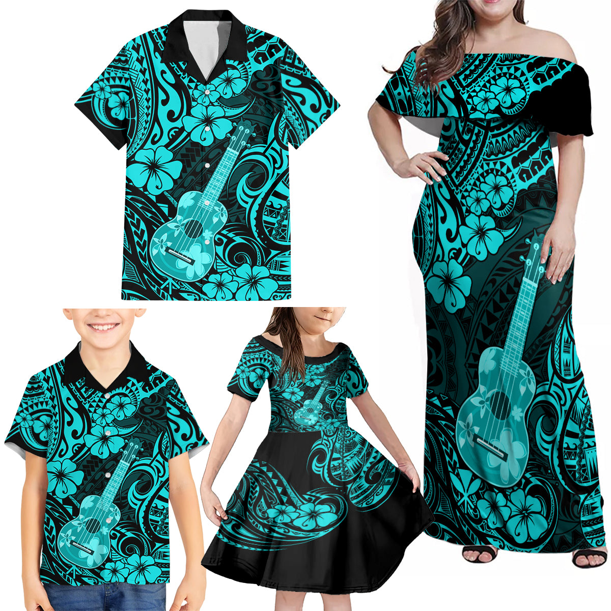 Hawaii Ukulele Family Matching Off Shoulder Maxi Dress and Hawaiian Shirt Polynesian Pattern Turquoise Version - Wonder Print Shop