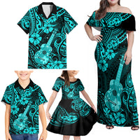 Hawaii Ukulele Family Matching Off Shoulder Maxi Dress and Hawaiian Shirt Polynesian Pattern Turquoise Version - Wonder Print Shop