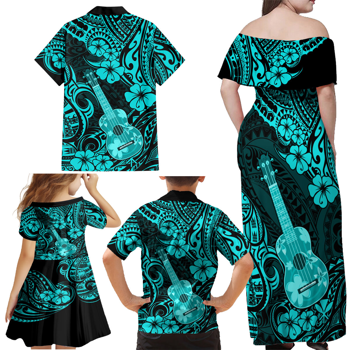 Hawaii Ukulele Family Matching Off Shoulder Maxi Dress and Hawaiian Shirt Polynesian Pattern Turquoise Version - Wonder Print Shop