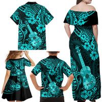 Hawaii Ukulele Family Matching Off Shoulder Maxi Dress and Hawaiian Shirt Polynesian Pattern Turquoise Version - Wonder Print Shop