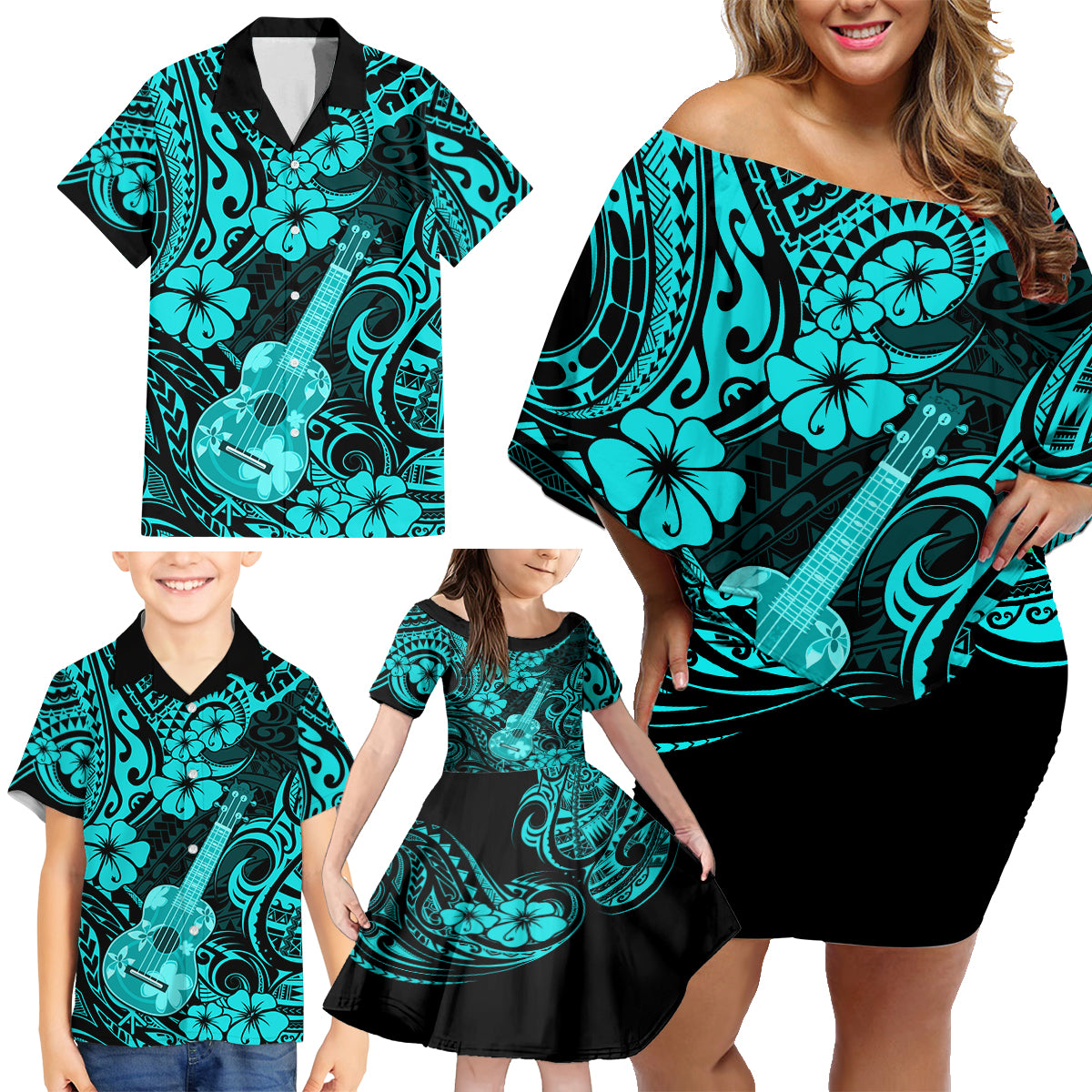 Hawaii Ukulele Family Matching Off Shoulder Short Dress and Hawaiian Shirt Polynesian Pattern Turquoise Version - Wonder Print Shop