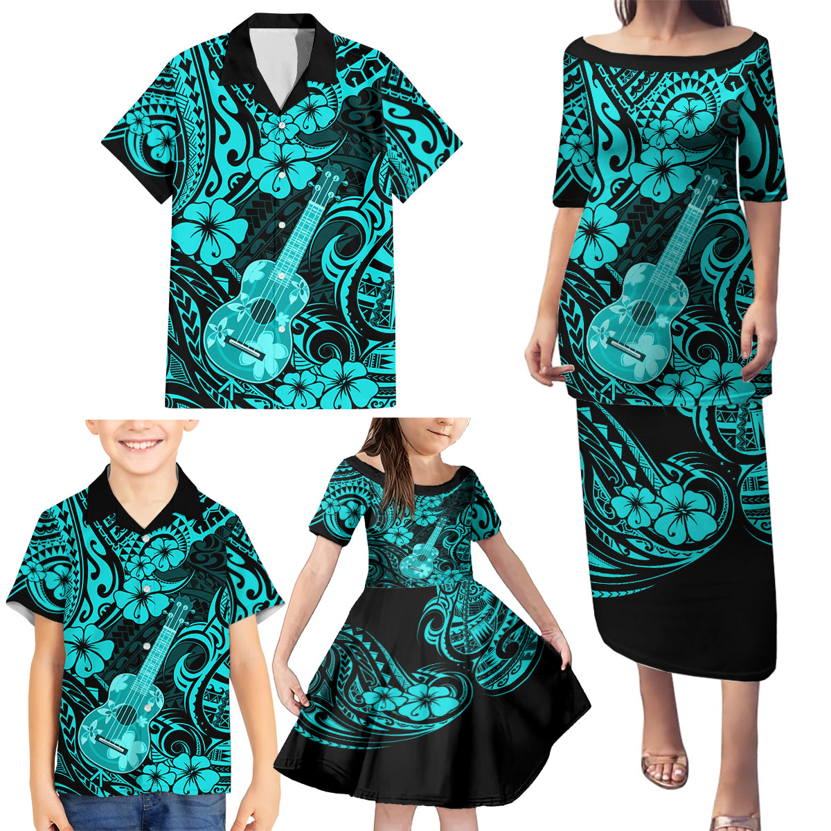 Hawaii Ukulele Family Matching Puletasi Dress and Hawaiian Shirt Polynesian Pattern Turquoise Version - Wonder Print Shop