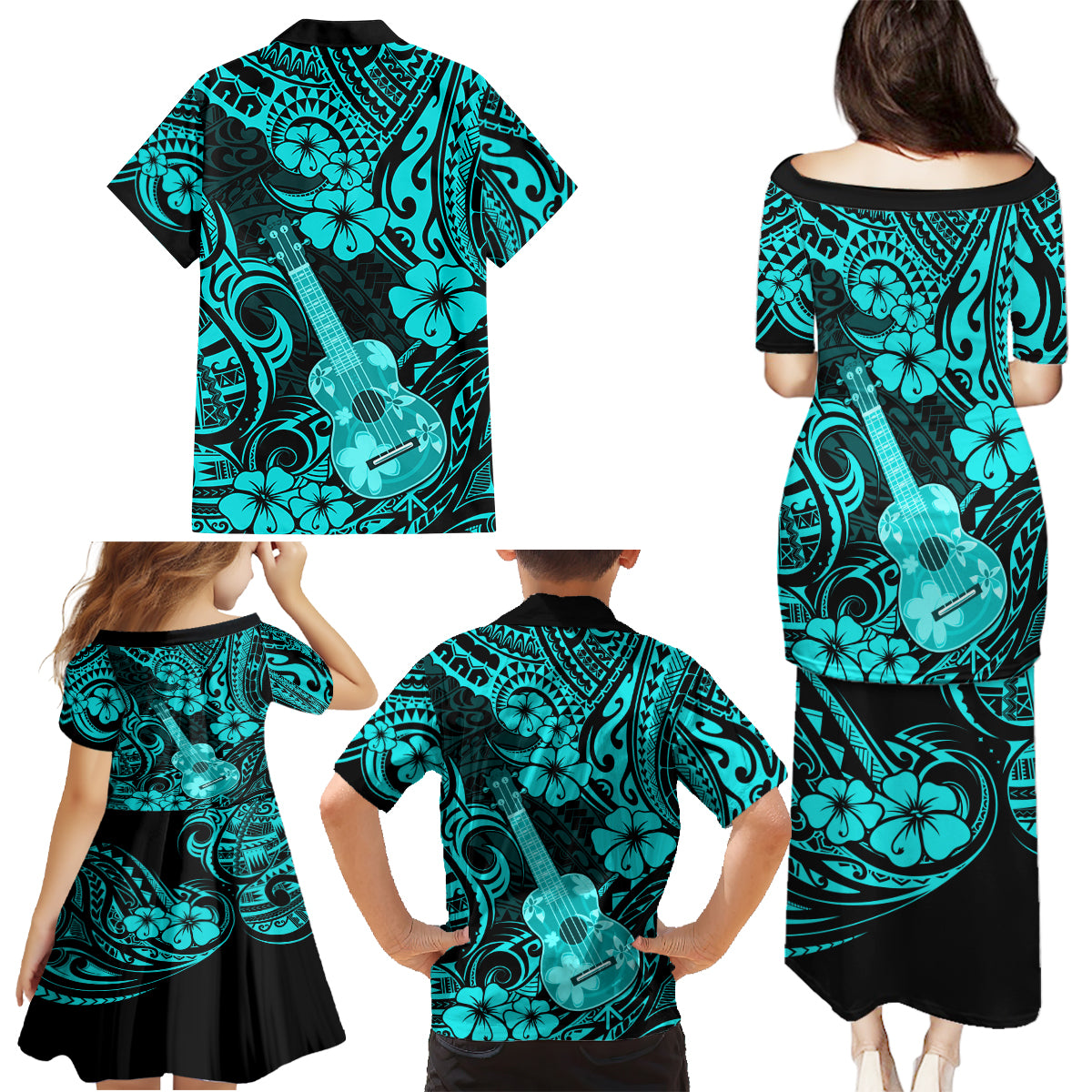 Hawaii Ukulele Family Matching Puletasi Dress and Hawaiian Shirt Polynesian Pattern Turquoise Version - Wonder Print Shop