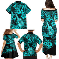 Hawaii Ukulele Family Matching Puletasi Dress and Hawaiian Shirt Polynesian Pattern Turquoise Version - Wonder Print Shop
