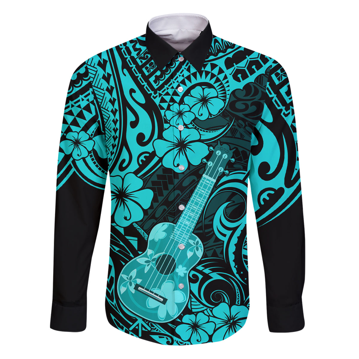 Hawaii Ukulele Family Matching Puletasi Dress and Hawaiian Shirt Polynesian Pattern Turquoise Version - Wonder Print Shop