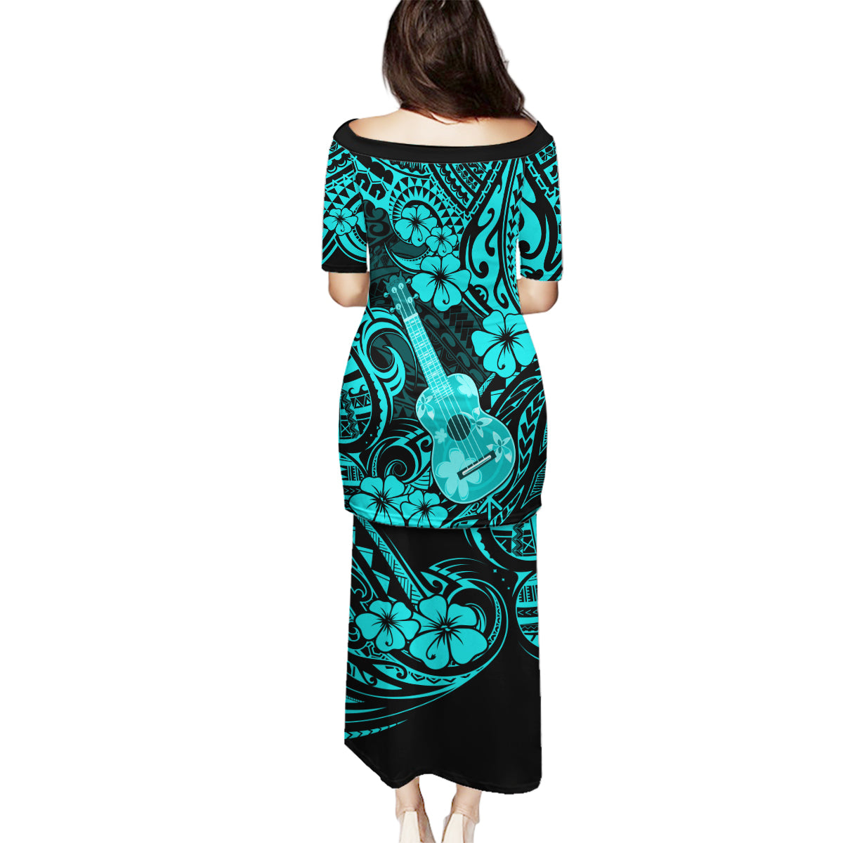 Hawaii Ukulele Family Matching Puletasi Dress and Hawaiian Shirt Polynesian Pattern Turquoise Version - Wonder Print Shop