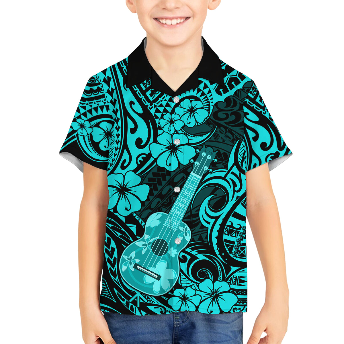 Hawaii Ukulele Family Matching Puletasi Dress and Hawaiian Shirt Polynesian Pattern Turquoise Version - Wonder Print Shop