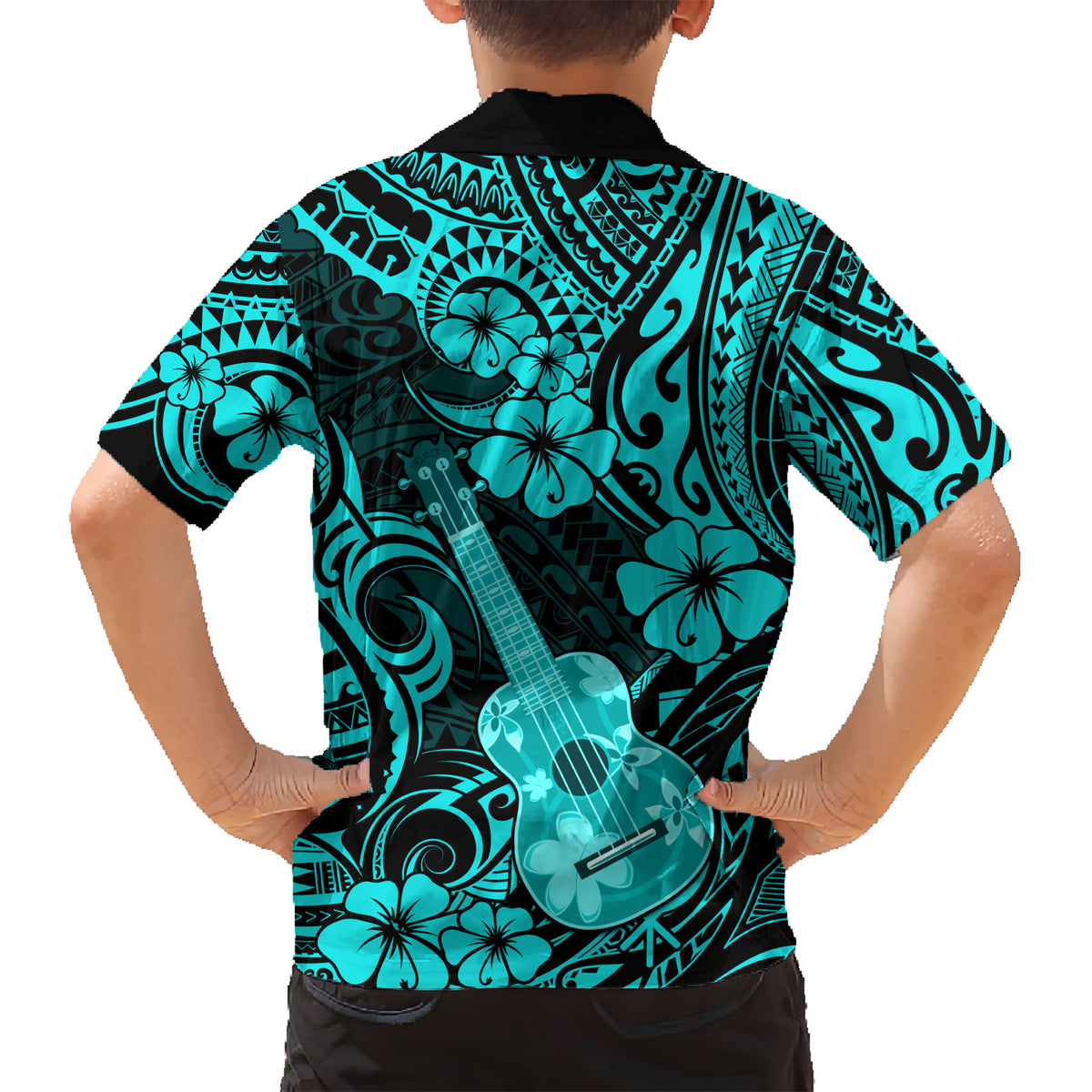 Hawaii Ukulele Family Matching Short Sleeve Bodycon Dress and Hawaiian Shirt Polynesian Pattern Turquoise Version - Wonder Print Shop