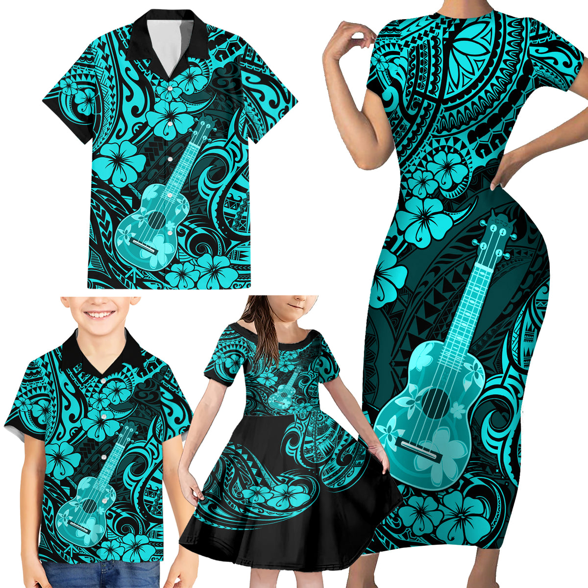 Hawaii Ukulele Family Matching Short Sleeve Bodycon Dress and Hawaiian Shirt Polynesian Pattern Turquoise Version - Wonder Print Shop