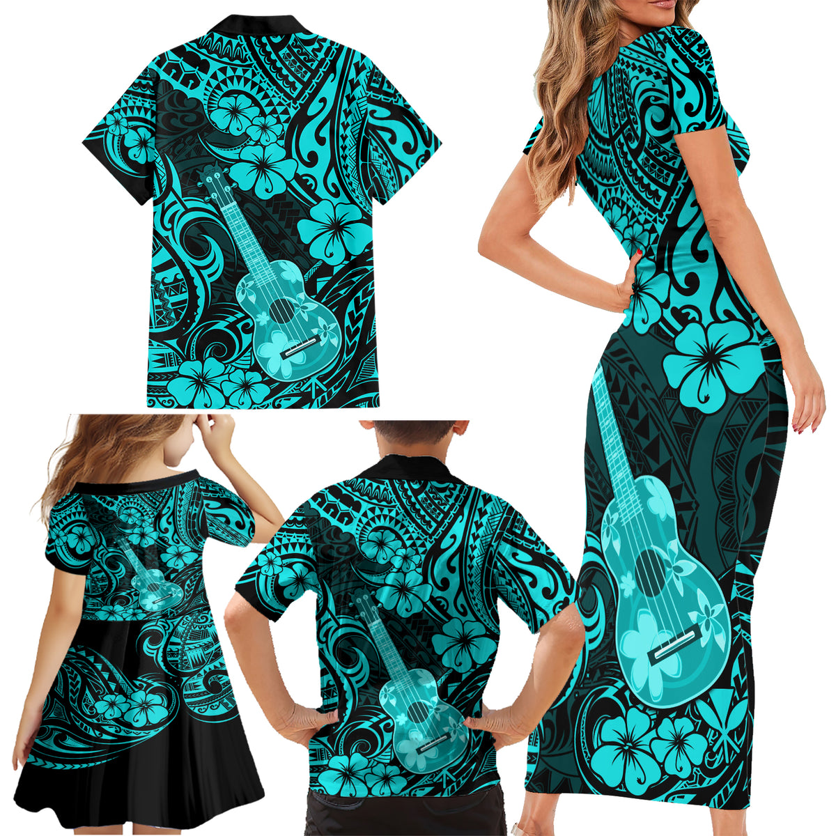 Hawaii Ukulele Family Matching Short Sleeve Bodycon Dress and Hawaiian Shirt Polynesian Pattern Turquoise Version - Wonder Print Shop