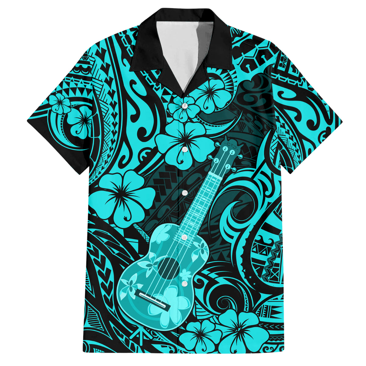 Hawaii Ukulele Family Matching Short Sleeve Bodycon Dress and Hawaiian Shirt Polynesian Pattern Turquoise Version - Wonder Print Shop
