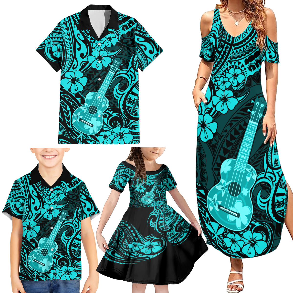 Hawaii Ukulele Family Matching Summer Maxi Dress and Hawaiian Shirt Polynesian Pattern Turquoise Version - Wonder Print Shop
