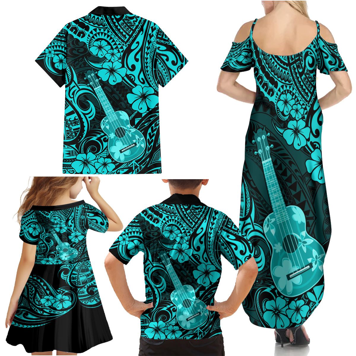 Hawaii Ukulele Family Matching Summer Maxi Dress and Hawaiian Shirt Polynesian Pattern Turquoise Version - Wonder Print Shop