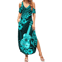 Hawaii Ukulele Family Matching Summer Maxi Dress and Hawaiian Shirt Polynesian Pattern Turquoise Version - Wonder Print Shop