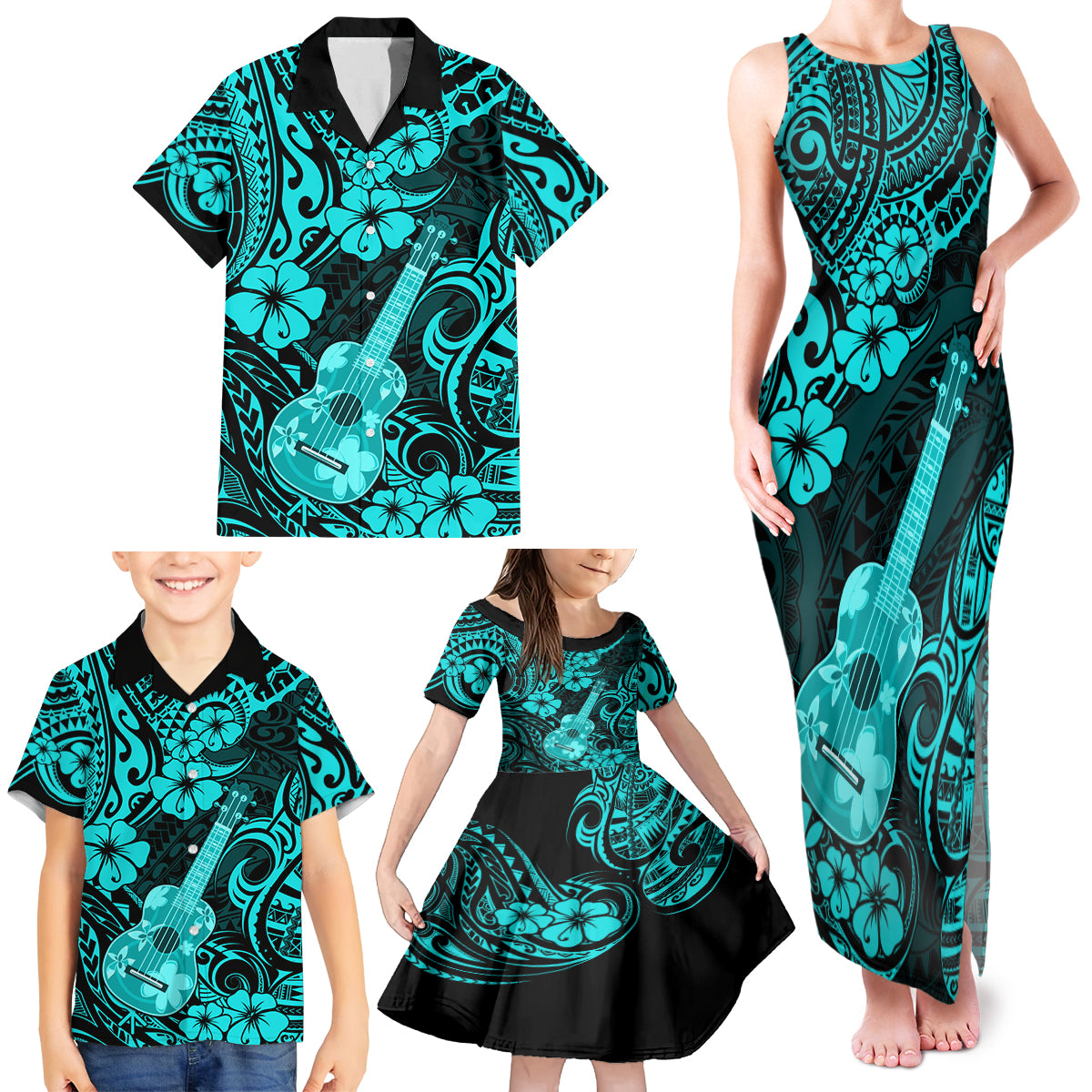 Hawaii Ukulele Family Matching Tank Maxi Dress and Hawaiian Shirt Polynesian Pattern Turquoise Version - Wonder Print Shop