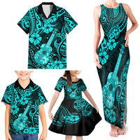 Hawaii Ukulele Family Matching Tank Maxi Dress and Hawaiian Shirt Polynesian Pattern Turquoise Version - Wonder Print Shop