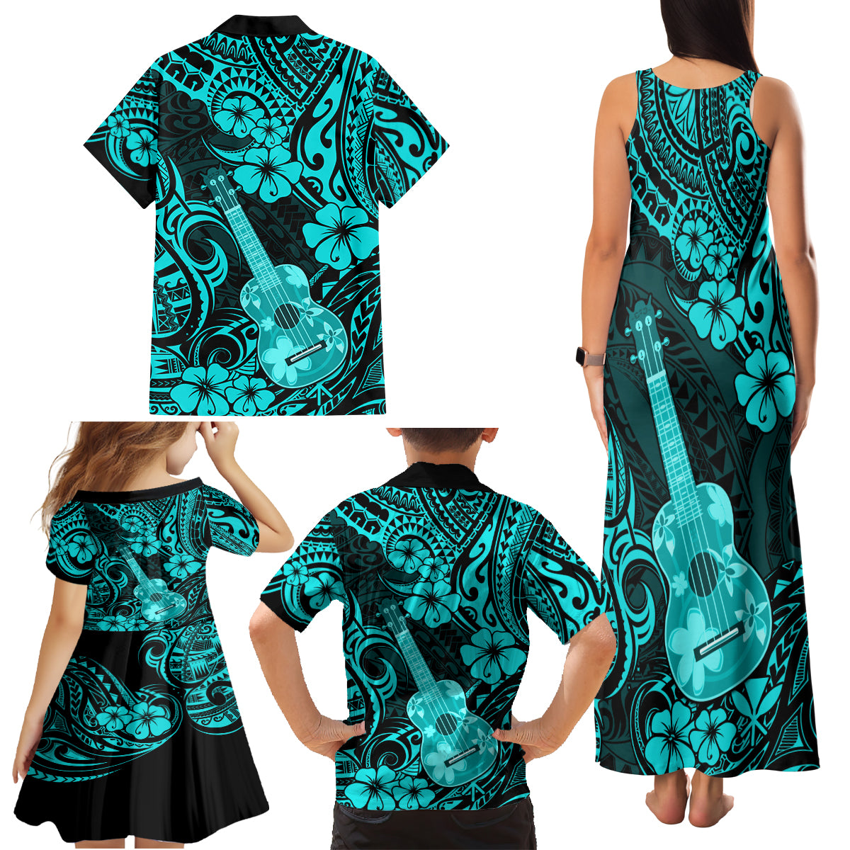 Hawaii Ukulele Family Matching Tank Maxi Dress and Hawaiian Shirt Polynesian Pattern Turquoise Version - Wonder Print Shop