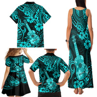 Hawaii Ukulele Family Matching Tank Maxi Dress and Hawaiian Shirt Polynesian Pattern Turquoise Version - Wonder Print Shop