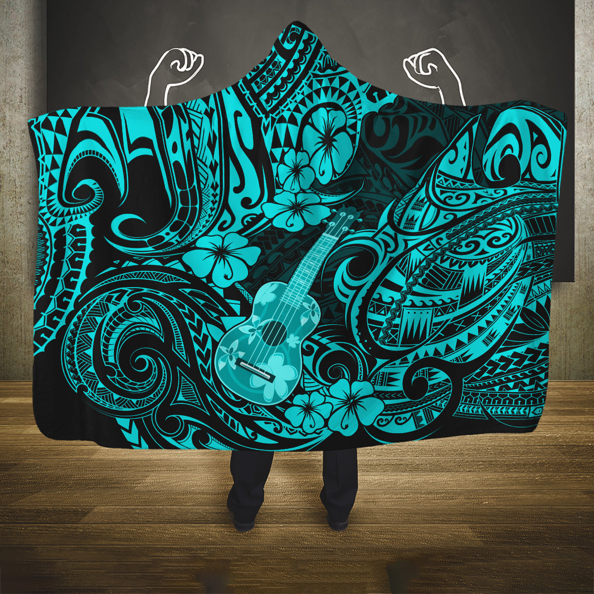 hawaii-ukulele-hooded-blanket-polynesian-pattern-turquoise-version