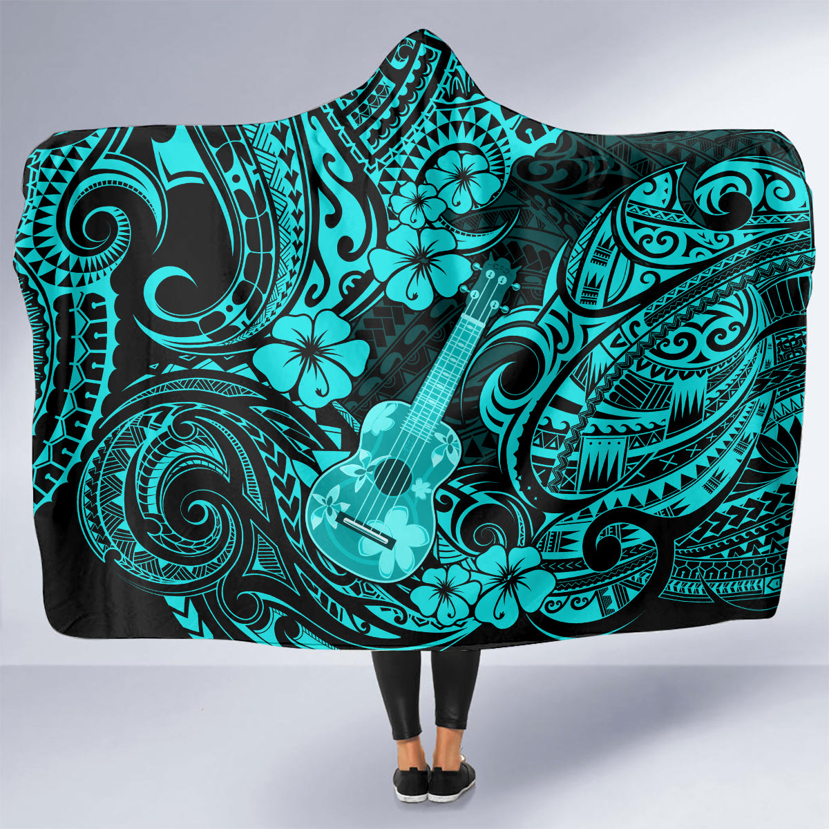 hawaii-ukulele-hooded-blanket-polynesian-pattern-turquoise-version