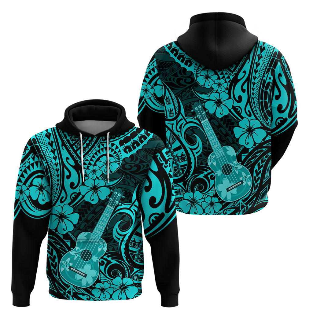 Hawaii Ukulele Hoodie Polynesian Pattern Turquoise Version - Wonder Print Shop