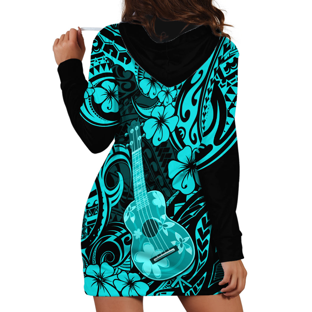 Hawaii Ukulele Hoodie Dress Polynesian Pattern Turquoise Version - Wonder Print Shop