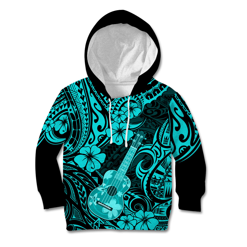 Hawaii Ukulele Kid Hoodie Polynesian Pattern Turquoise Version - Wonder Print Shop