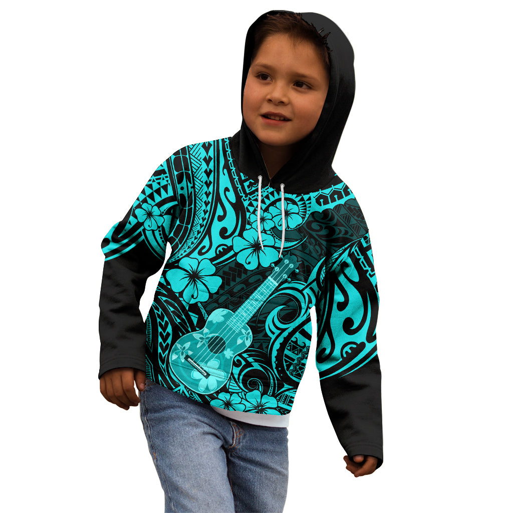 Hawaii Ukulele Kid Hoodie Polynesian Pattern Turquoise Version - Wonder Print Shop