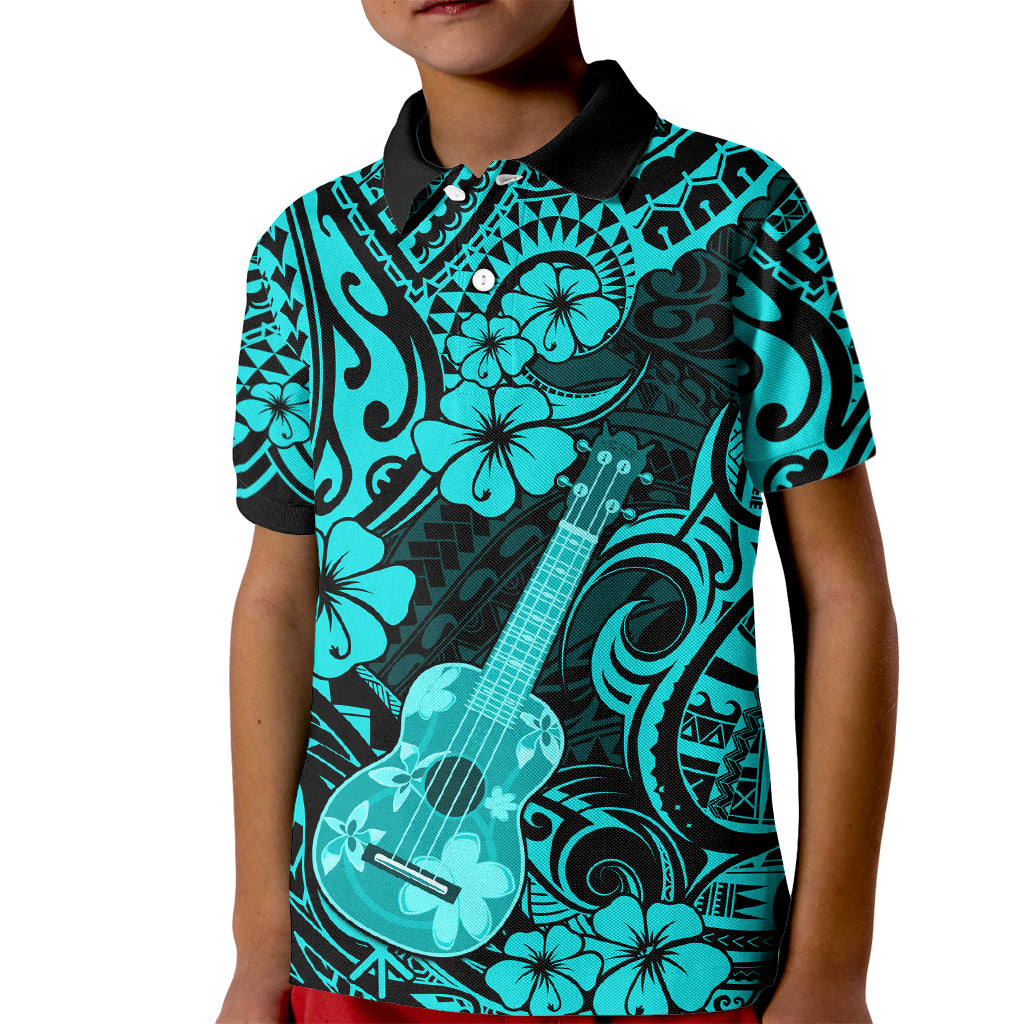 Hawaii Ukulele Kid Polo Shirt Polynesian Pattern Turquoise Version - Wonder Print Shop