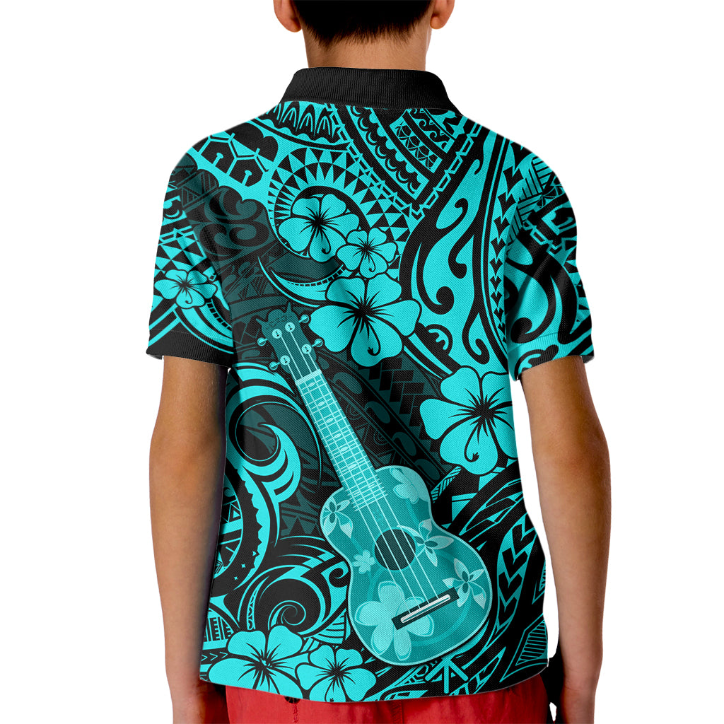 Hawaii Ukulele Kid Polo Shirt Polynesian Pattern Turquoise Version - Wonder Print Shop