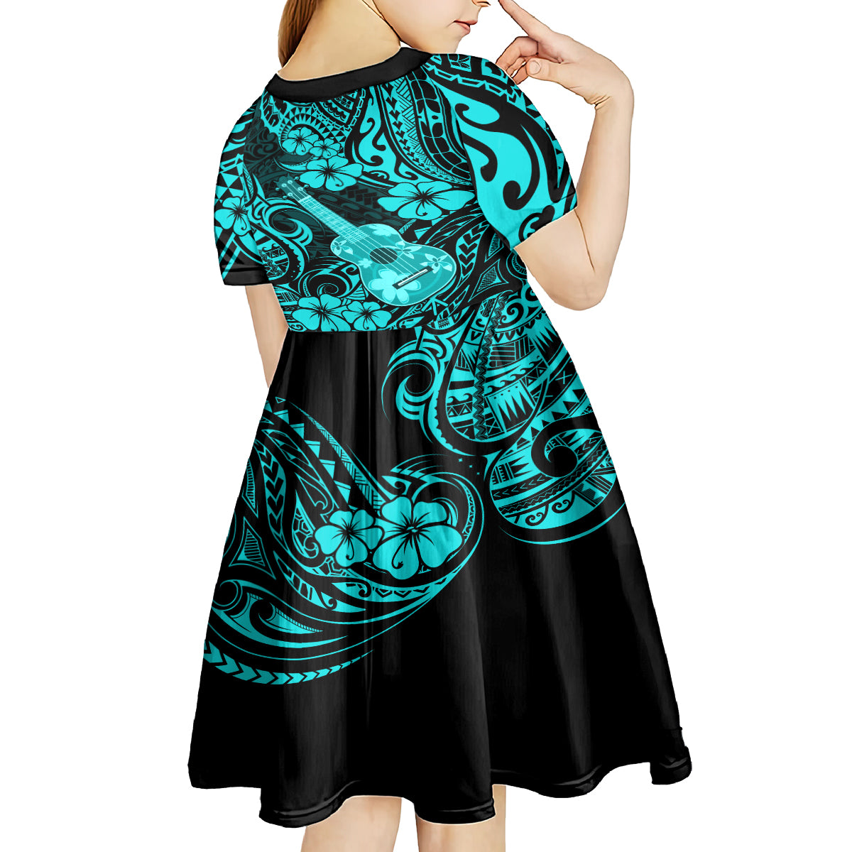 Hawaii Ukulele Kid Short Sleeve Dress Polynesian Pattern Turquoise Version - Wonder Print Shop