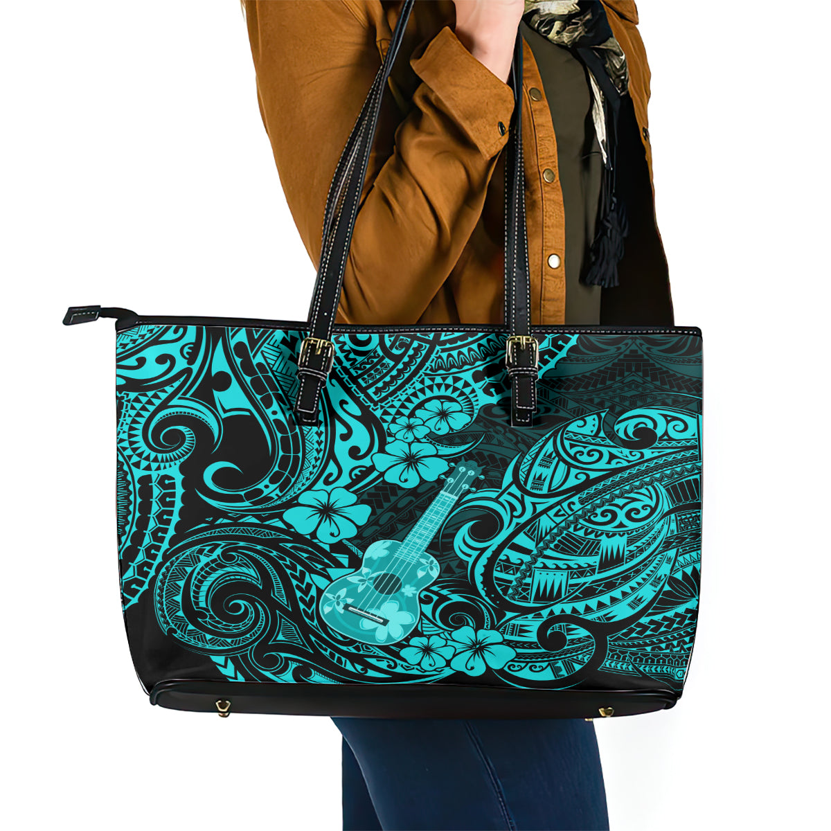 Hawaii Ukulele Leather Tote Bag Polynesian Pattern Turquoise Version - Wonder Print Shop